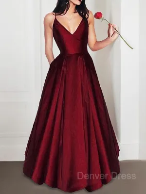 A-Line V-neck Floor-Length Satin Evening Dresses