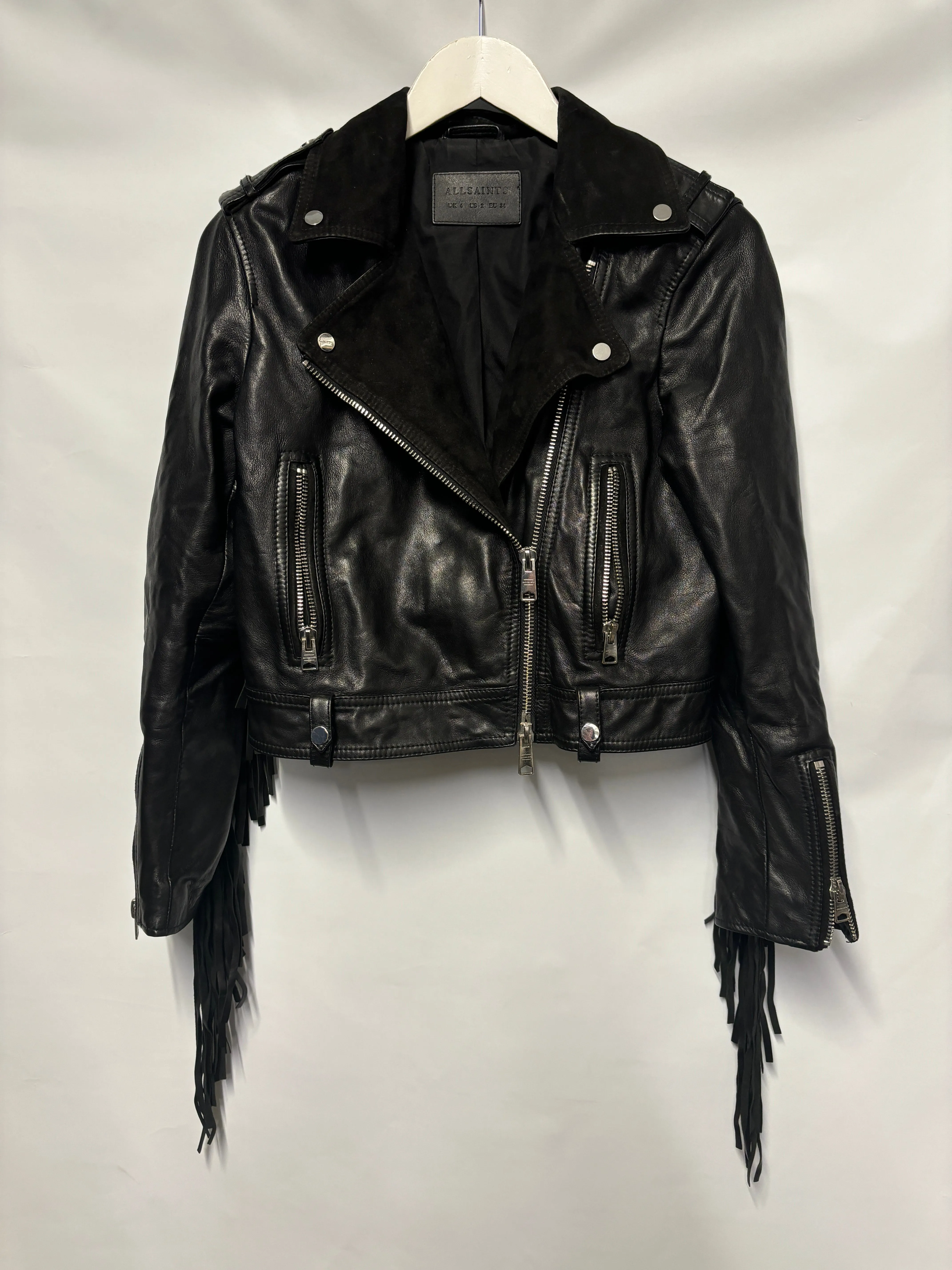 AllSaints Black Ayra Tassel Leather Jacket 6