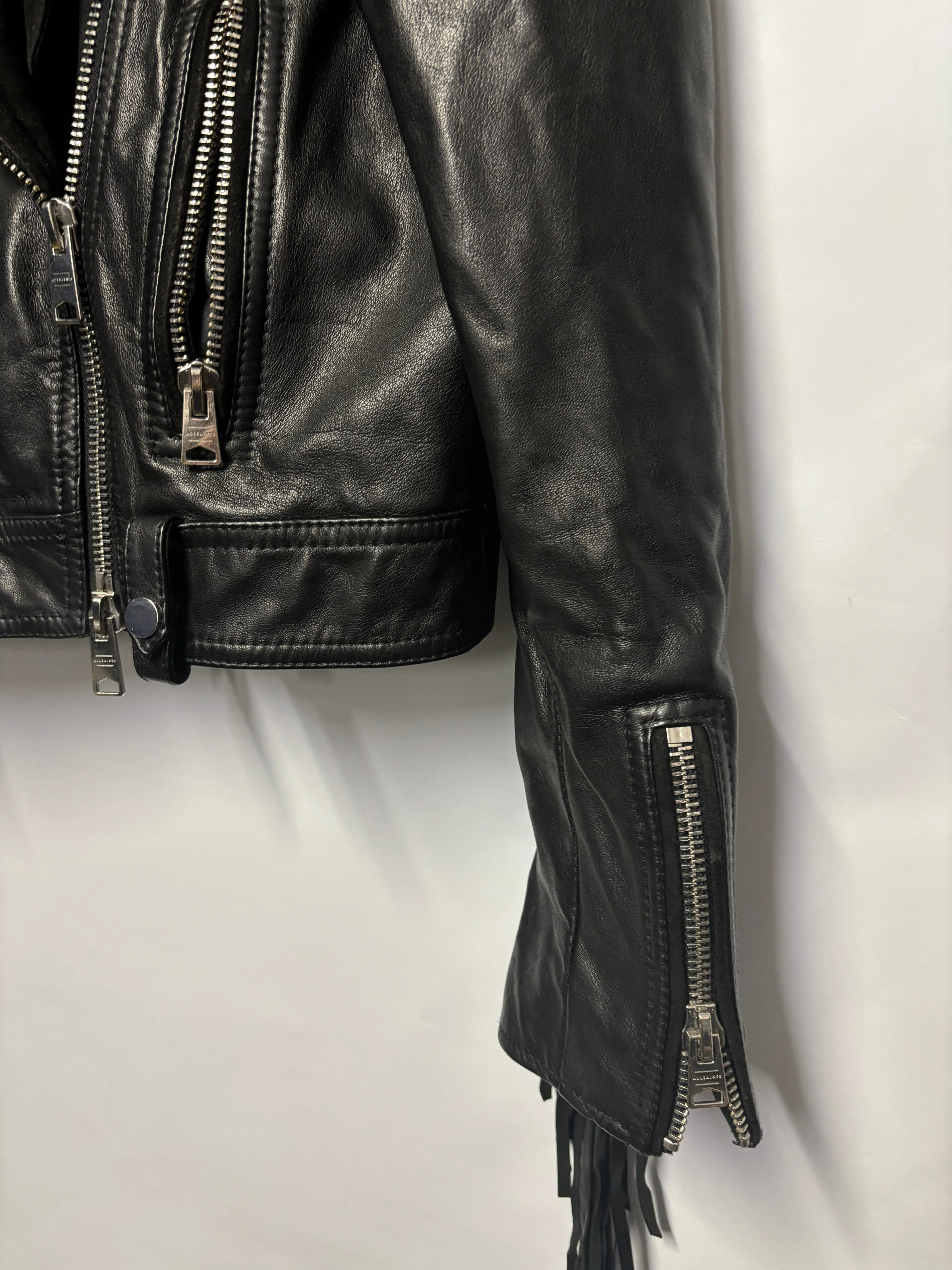 AllSaints Black Ayra Tassel Leather Jacket 6
