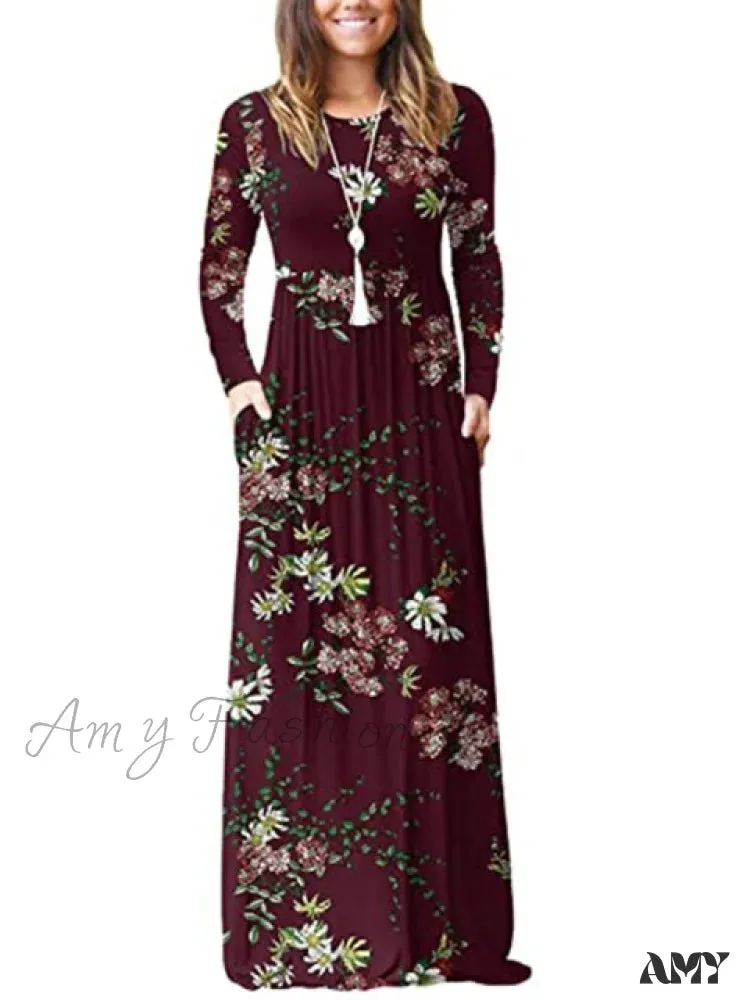 Amy Fashion - Floral Empire Pleated Maxi Casual Long Dresses