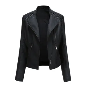 Autumn Women's Personality Faux Leather Jacket Long Sleeve Lapel Zip