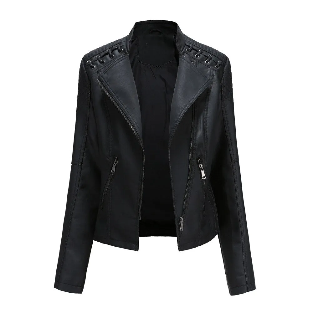 Autumn Women's Personality Faux Leather Jacket Long Sleeve Lapel Zip
