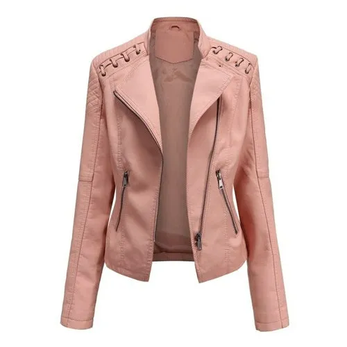 Autumn Women's Personality Faux Leather Jacket Long Sleeve Lapel Zip