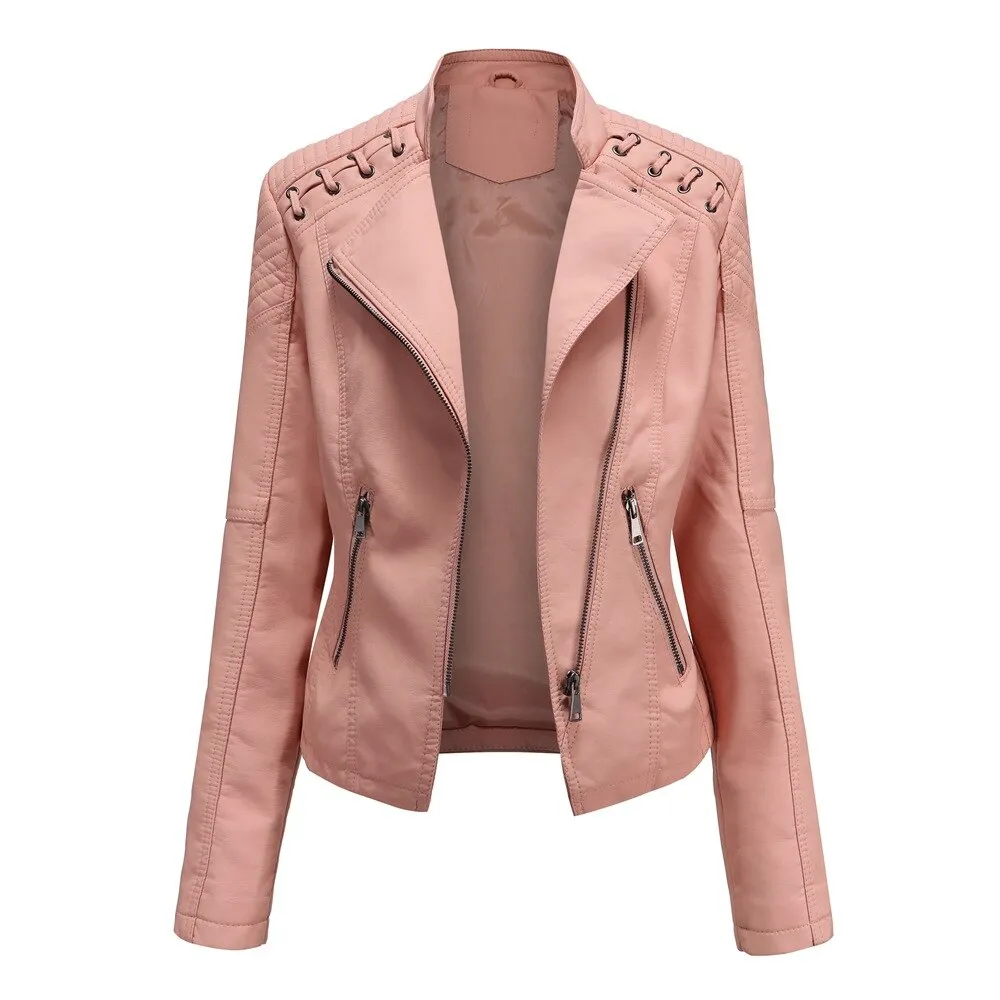 Autumn Women's Personality Faux Leather Jacket Long Sleeve Lapel Zip