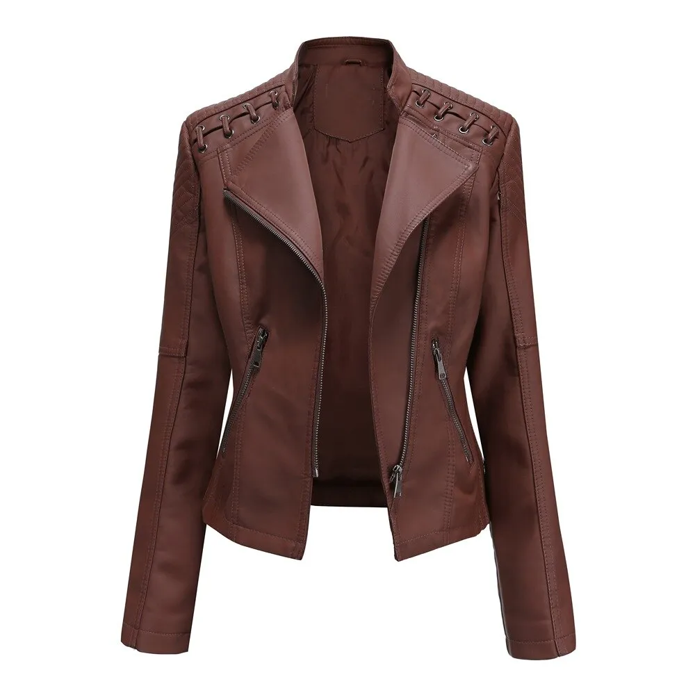 Autumn Women's Personality Faux Leather Jacket Long Sleeve Lapel Zip