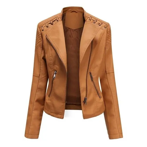 Autumn Women's Personality Faux Leather Jacket Long Sleeve Lapel Zip