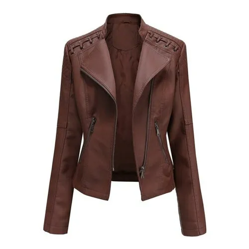 Autumn Women's Personality Faux Leather Jacket Long Sleeve Lapel Zip