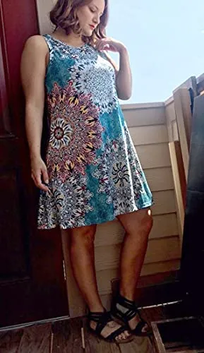 Black Blue Lantern Summer Dresses for Women Beach Floral Tshirt Sundress Sleeveless Pockets Casual Loose Tank Dress - elescat