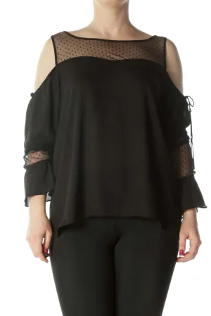 Black Cold-Shoulder See-Through Polka-Dot Long-Sleeve Blouse