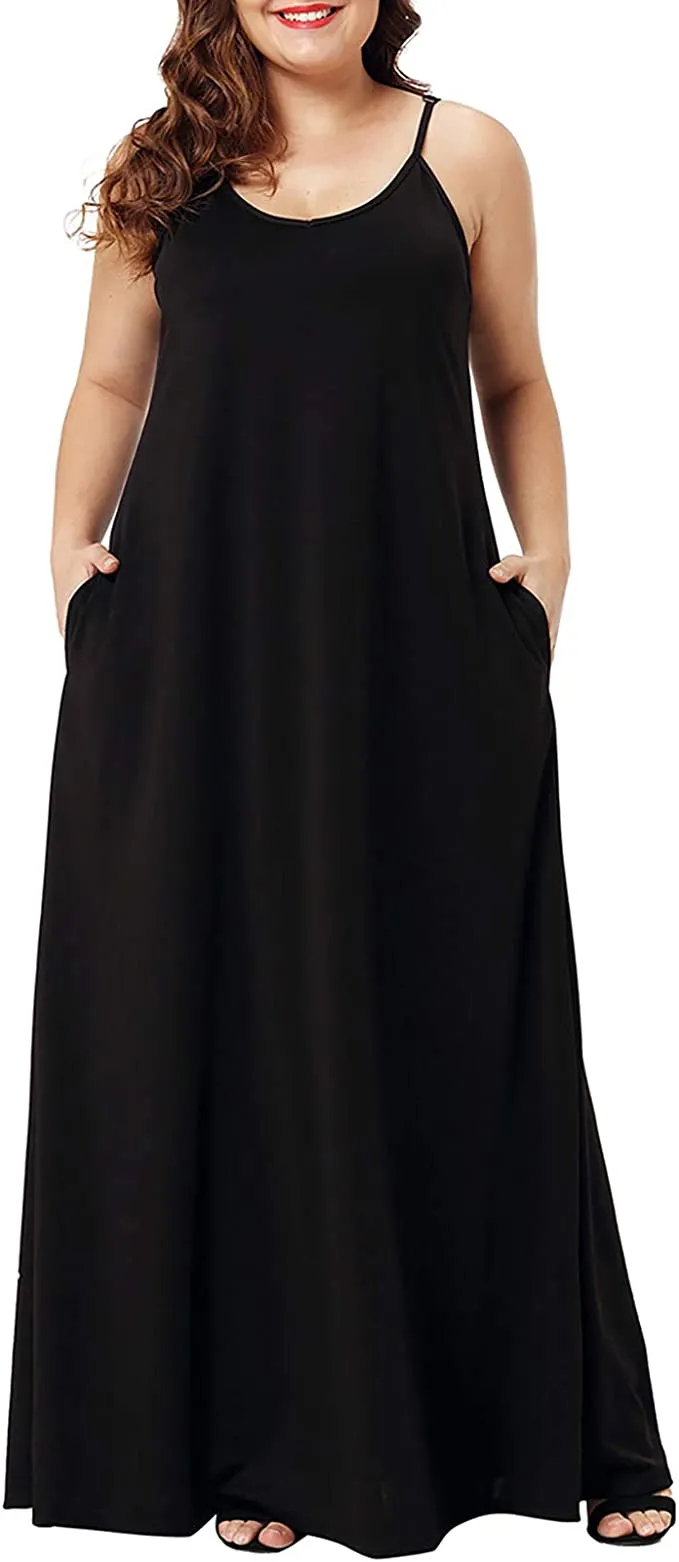 Blue Womens Casual Sleeveless Plus Size Loose Plain Long Maxi Dress with Pockets - Wolddress