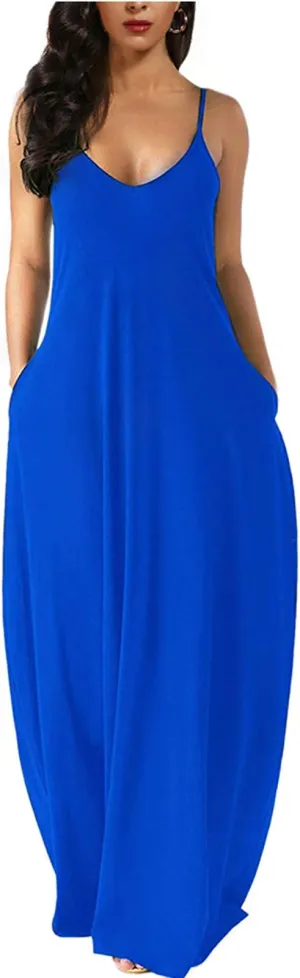 Blue Womens Casual Sleeveless Plus Size Loose Plain Long Maxi Dress with Pockets - Wolddress