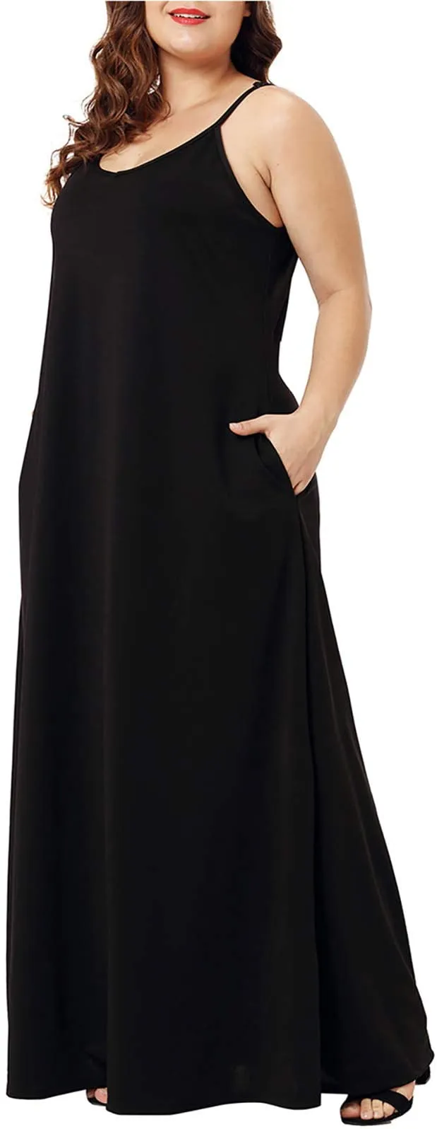 Blue Womens Casual Sleeveless Plus Size Loose Plain Long Maxi Dress with Pockets - Wolddress