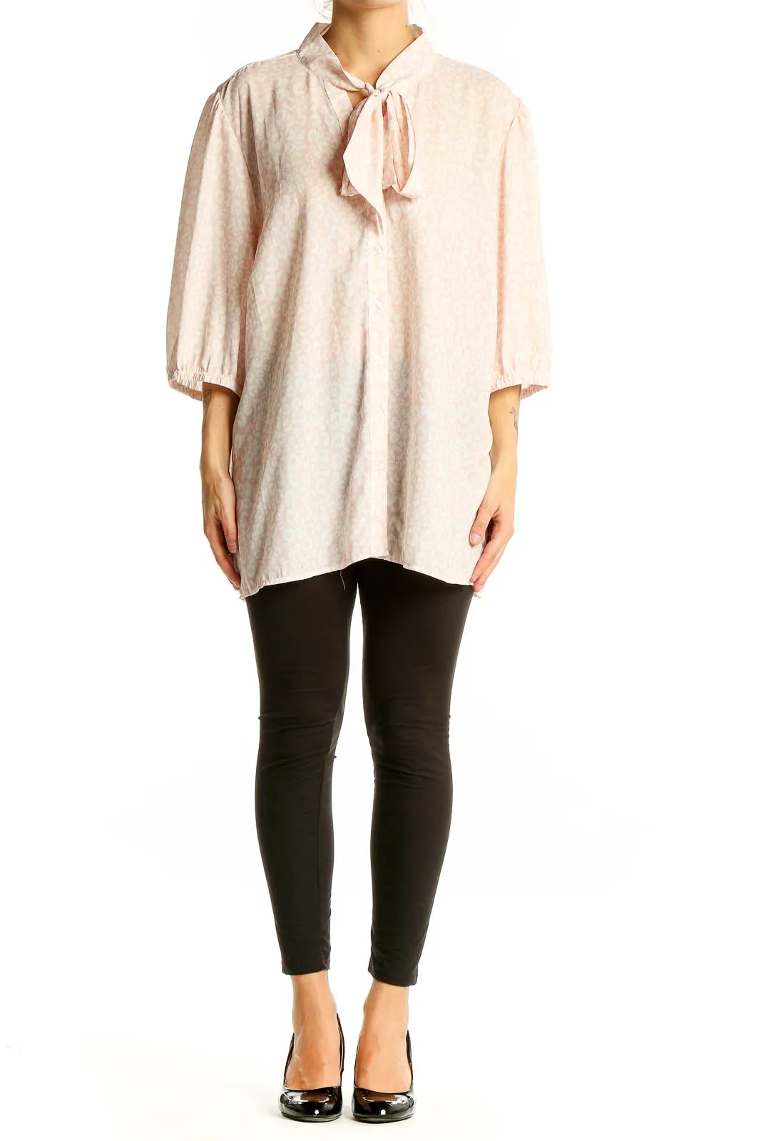 Blush Polka Dot Tie-Neck Blouse