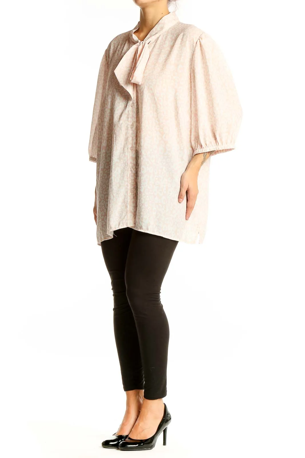 Blush Polka Dot Tie-Neck Blouse