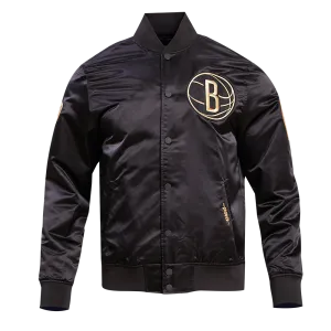 BROOKLYN NETS GOLD LOGO SATIN JACKET (BLACK)