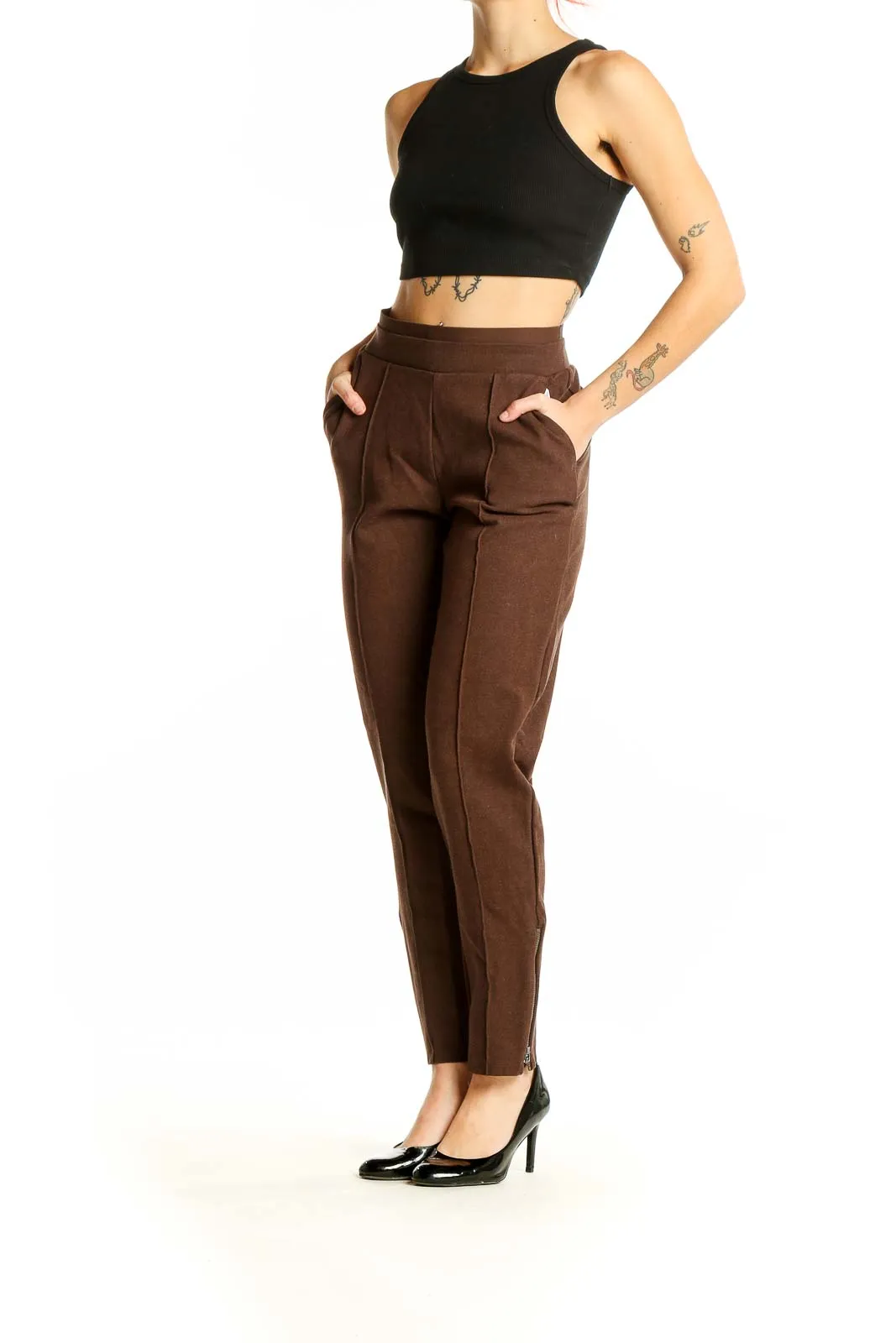 Brown High-Waisted Pleated Trousers