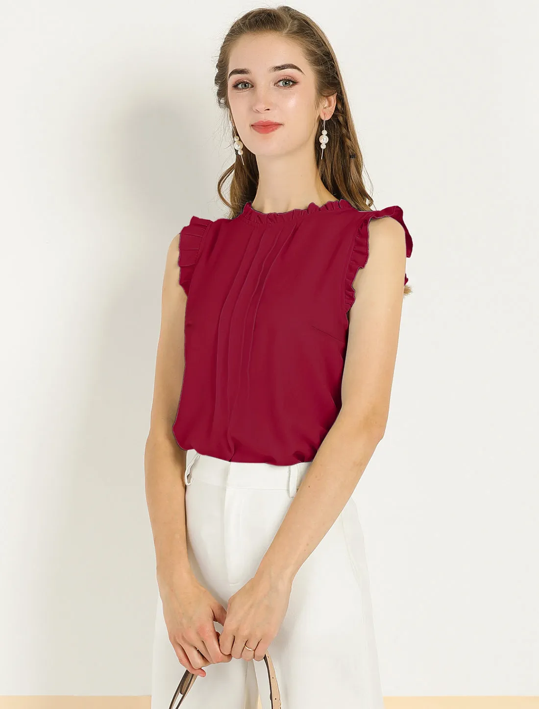 Business Office 1950s Ruffled Retro Sleeveless Work Blouses