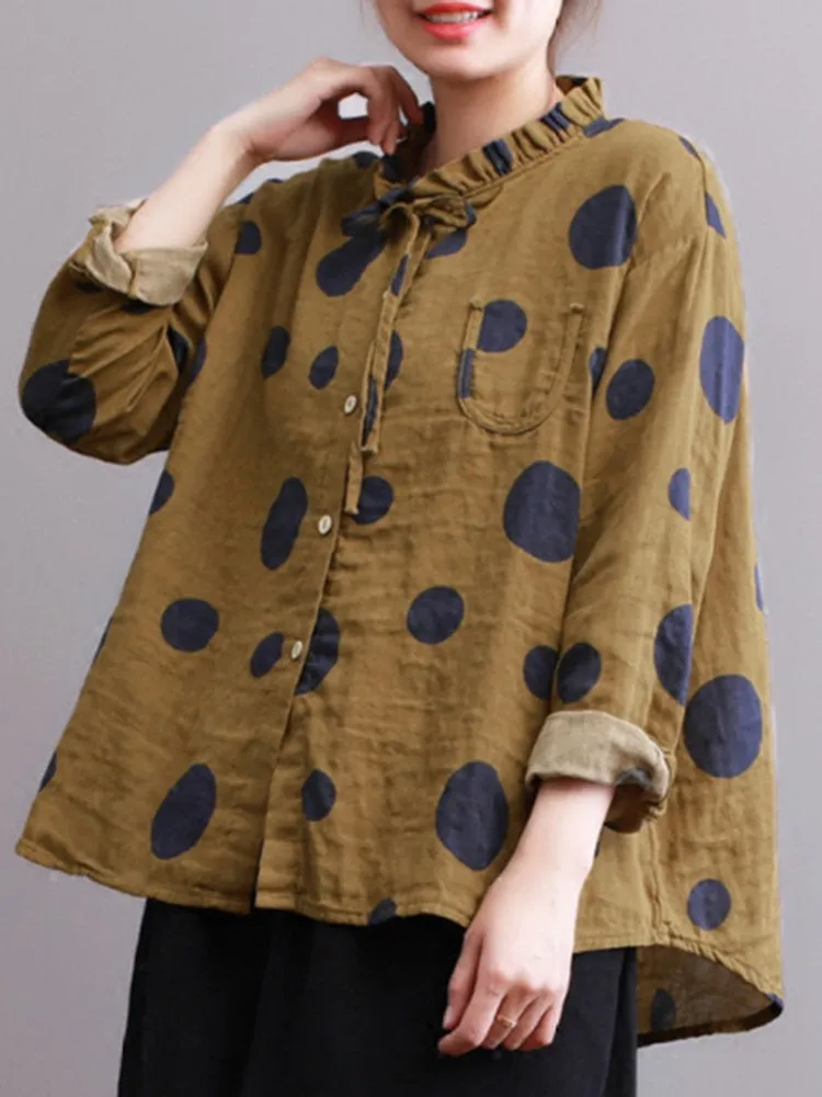 Casual Polka Dot Print Stand Collar Loose Women Blouses
