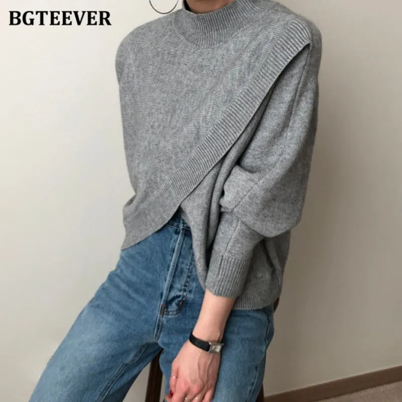Christmas Gift Joskaa Fashion Half-turtleneck Women Sweater Jumpers 2020 Autumn Winter Knitwear Cross Split Loose Female Knitted Pullovers