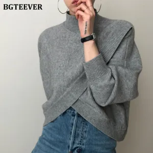 Christmas Gift Joskaa Fashion Half-turtleneck Women Sweater Jumpers 2020 Autumn Winter Knitwear Cross Split Loose Female Knitted Pullovers