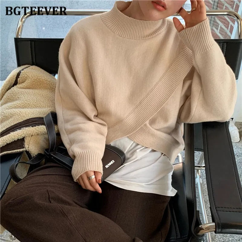 Christmas Gift Joskaa Fashion Half-turtleneck Women Sweater Jumpers 2020 Autumn Winter Knitwear Cross Split Loose Female Knitted Pullovers