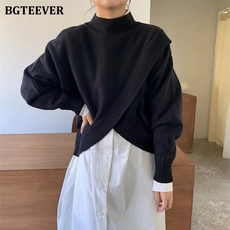 Christmas Gift Joskaa Fashion Half-turtleneck Women Sweater Jumpers 2020 Autumn Winter Knitwear Cross Split Loose Female Knitted Pullovers