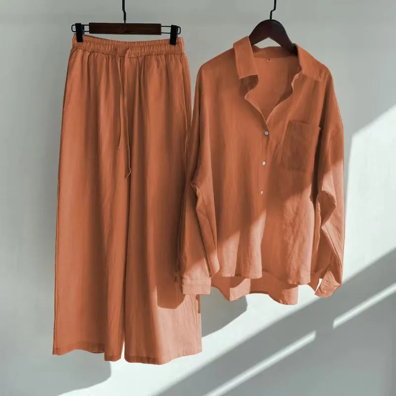 Cross-border Tracksuit Women's Ancient Cotton And Linen Shirt Outfit High Waist Loose Trousers