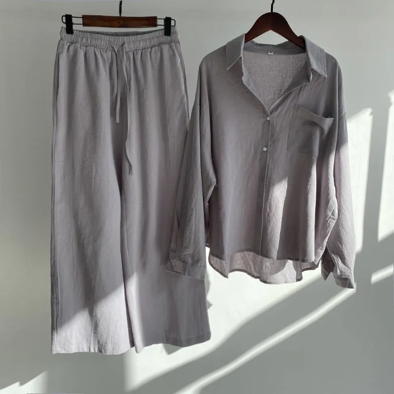 Cross-border Tracksuit Women's Ancient Cotton And Linen Shirt Outfit High Waist Loose Trousers