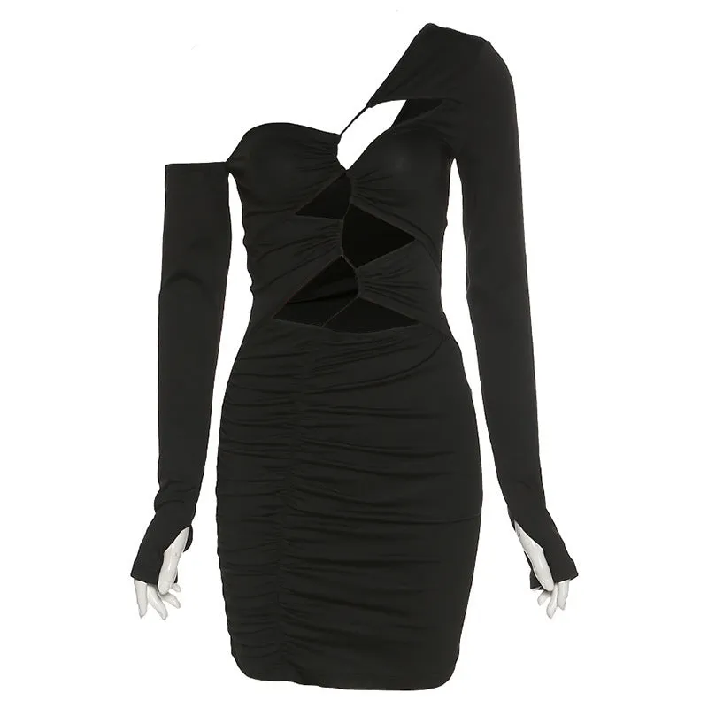 Edgy Elegance: Slanted Shoulder Cutout Dress with Backless Detail