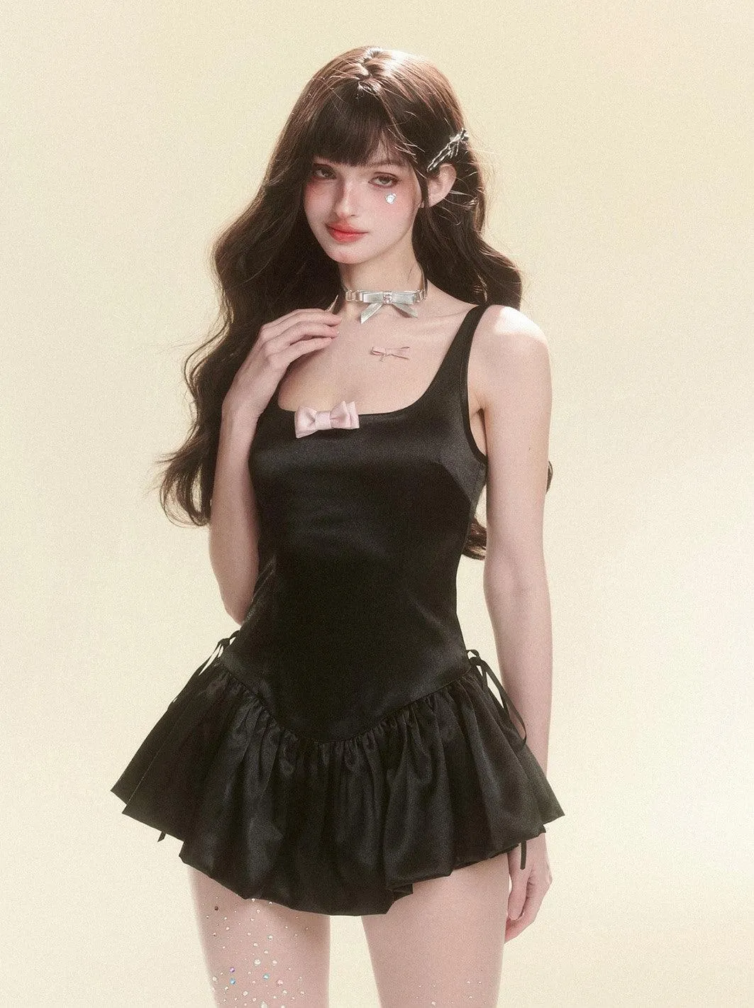 Elegant Black Bow Suspender Dress