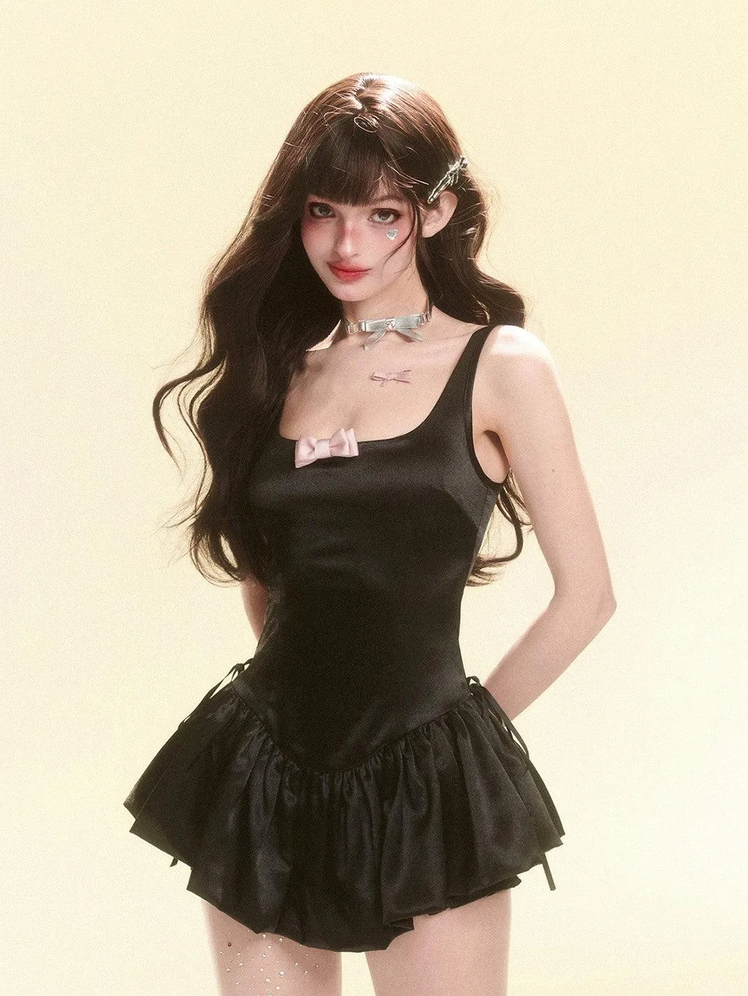 Elegant Black Bow Suspender Dress