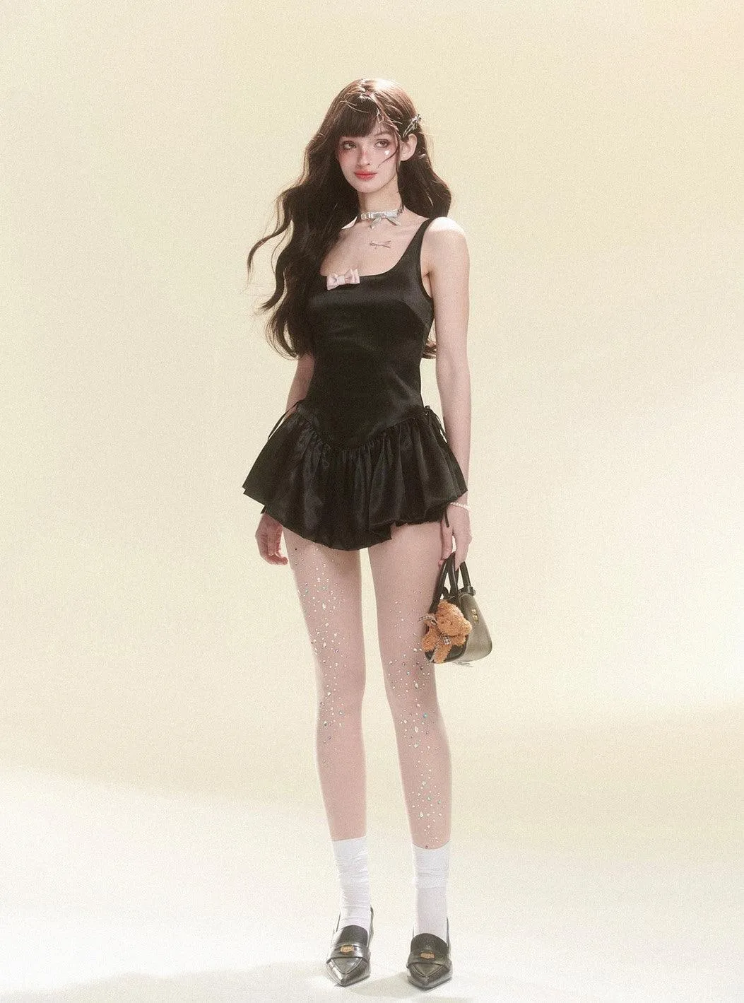 Elegant Black Bow Suspender Dress