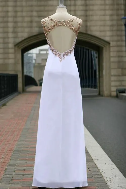 Elegant Scoop Chiffon Open Back White Long Prom Dress With Crystal TP0122