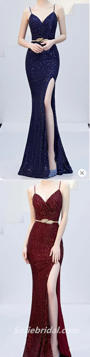 Elegant Sequin Spaghetti Straps V-Neck Side Slit Mermaid Long Prom Dresses,SFPD0267