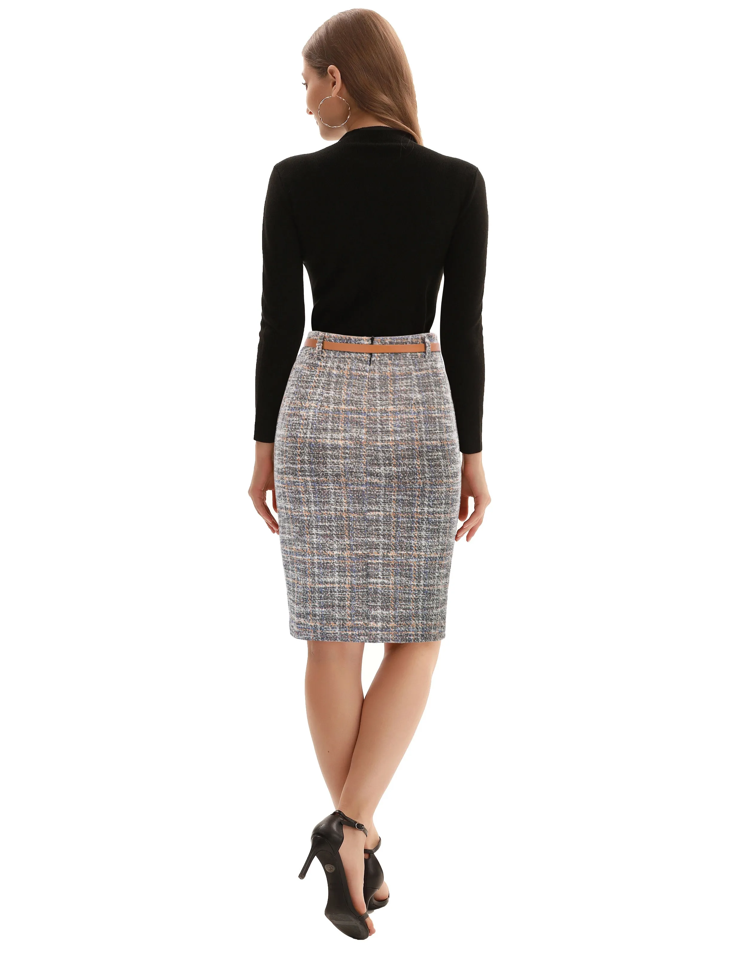 Fashion Tweed Bodycon Skirt with Belt High Waist Knee Length Slit Front