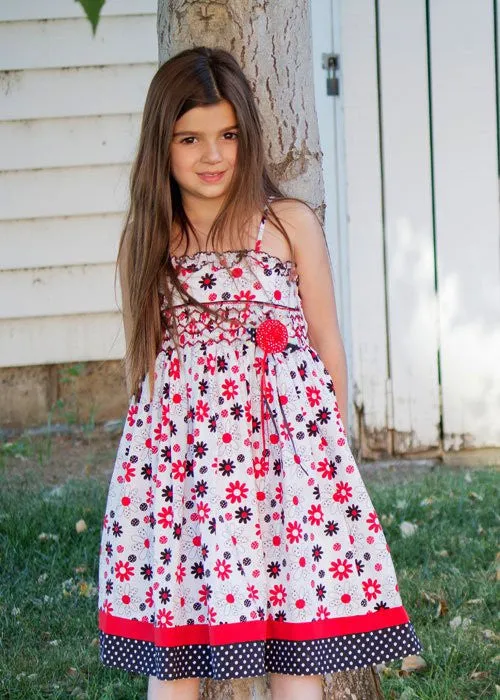 Girls Hand Smocked Summer Dress Red Black White Floral