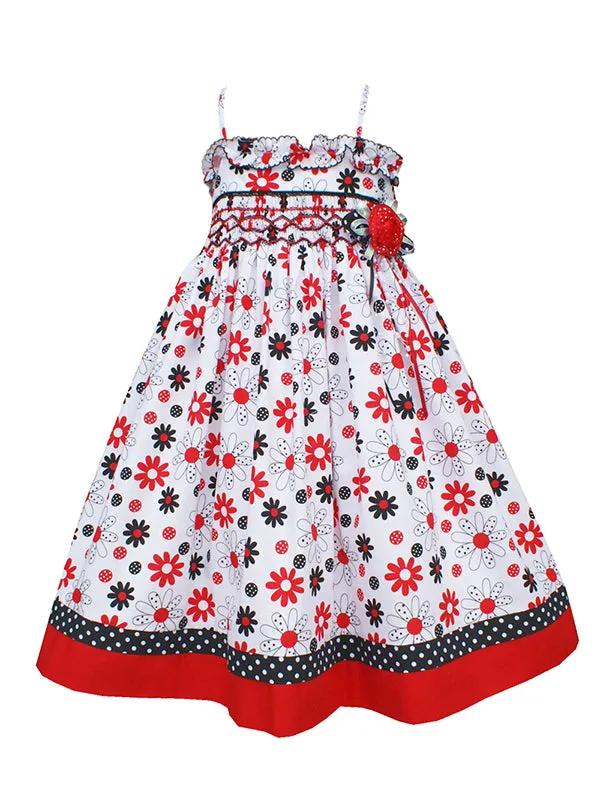 Girls Hand Smocked Summer Dress Red Black White Floral