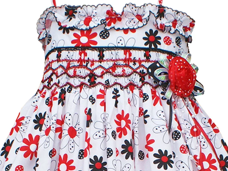 Girls Hand Smocked Summer Dress Red Black White Floral