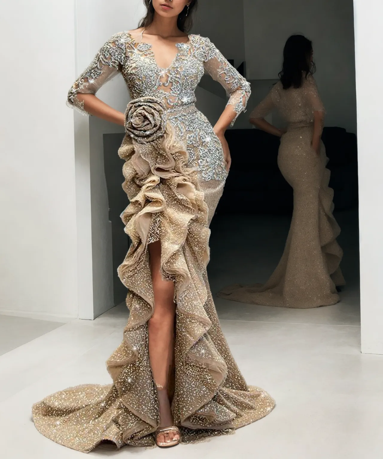 Golden Glam: Long Sleeve Trailing Cocktail Dress