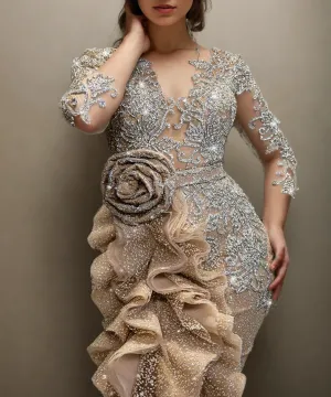 Golden Glam: Long Sleeve Trailing Cocktail Dress