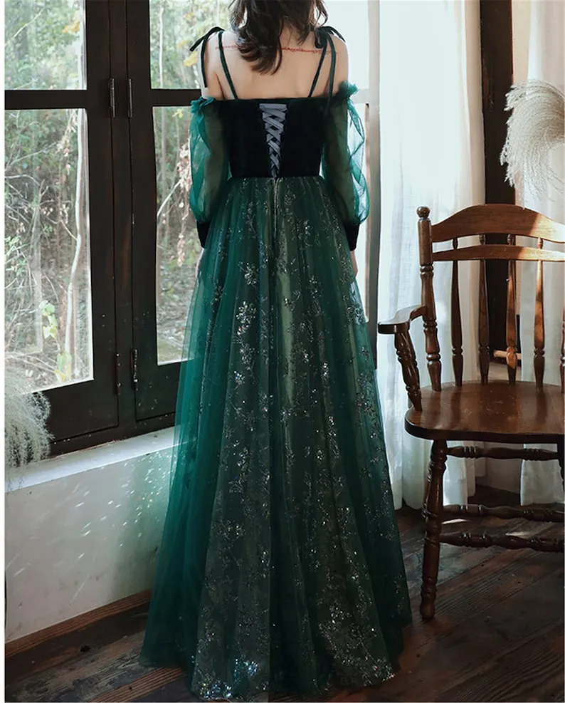 kamahe elegant dark green lace gown Prom Dress