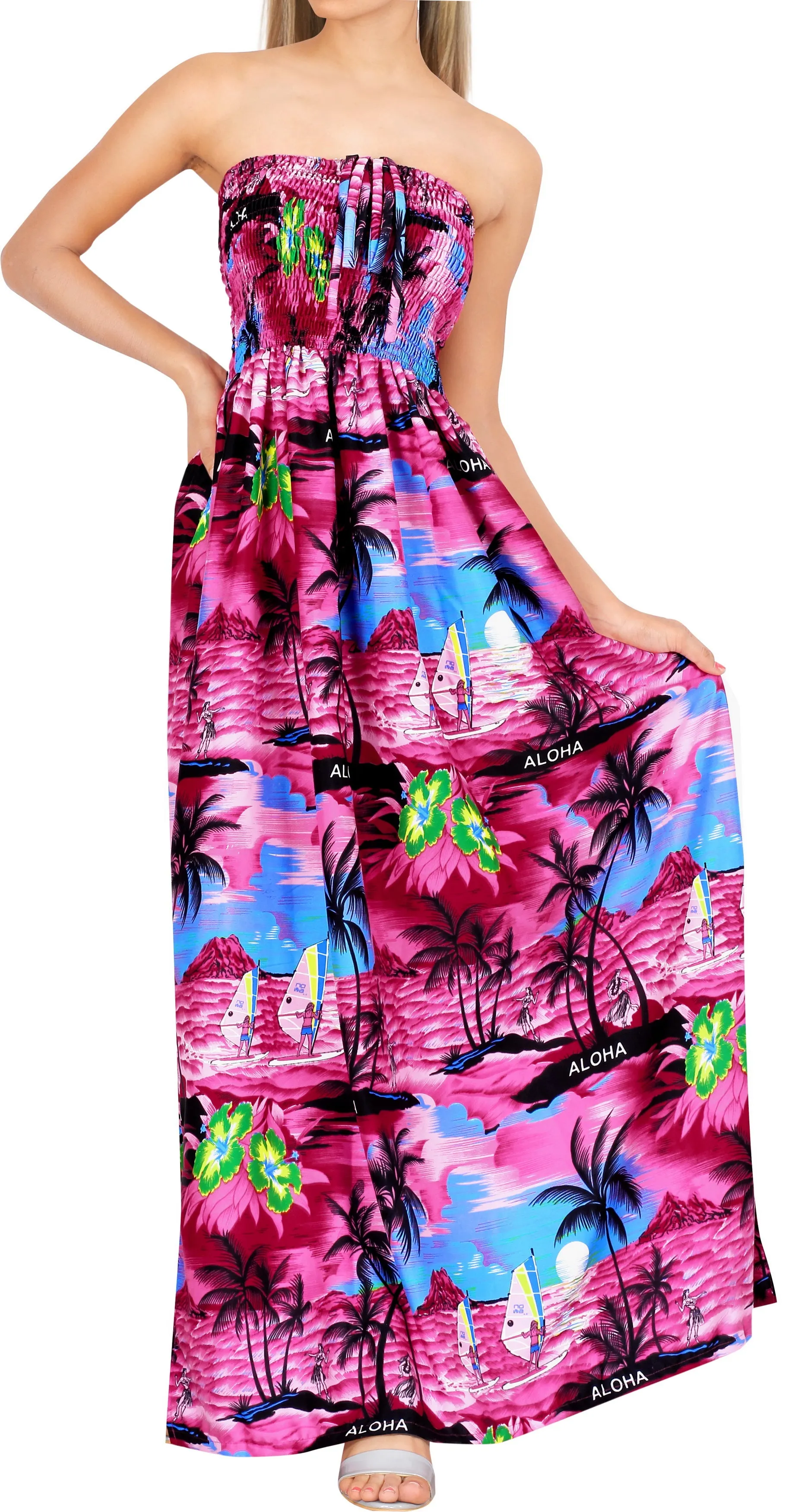 LA LEELA Long Maxi Hawaiian Palm Tree Beachy Print Tube Dress For Women Casual And Chic Beach Sundress Ladies