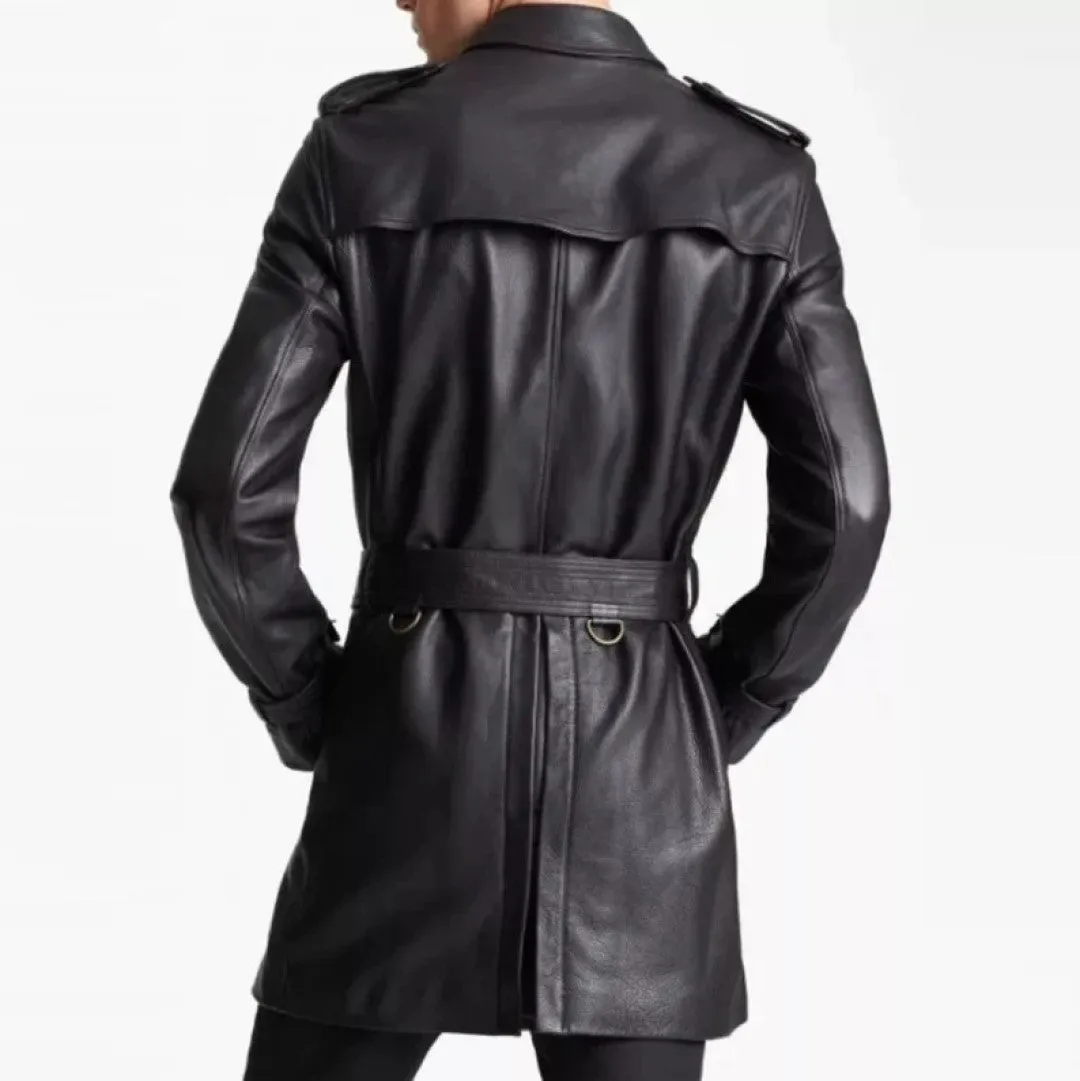 Leather Trench Coat For Men With Stylish Button Closer