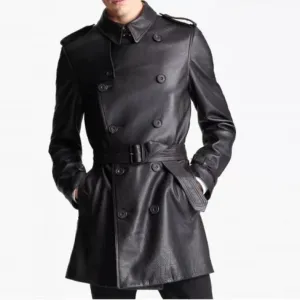 Leather Trench Coat For Men With Stylish Button Closer