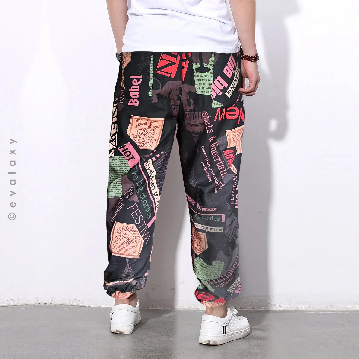 Loose Black News Text Jogger Breathable Casual Harem Pants For Men & Women