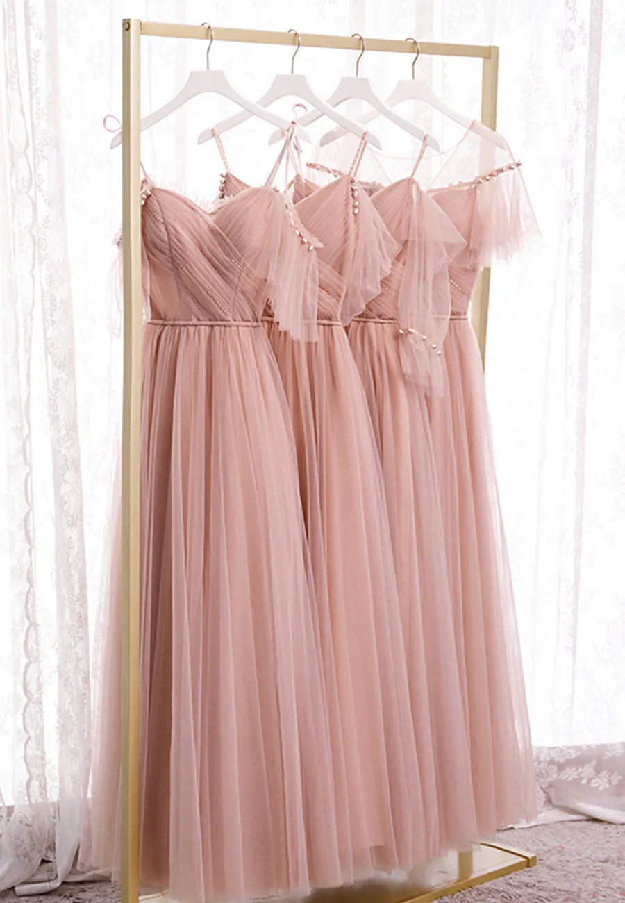 Luolandi Pink Tulle Long Prom Dresses A-Line Evening Party Dresses Elegant Bridesmaid Dresses