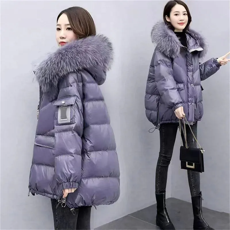 Mid Length Loose Puffy Woolen Collar Hooded Coat