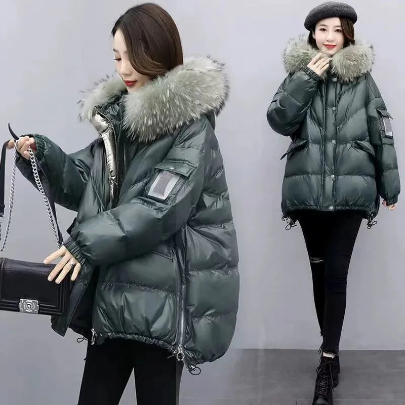 Mid Length Loose Puffy Woolen Collar Hooded Coat