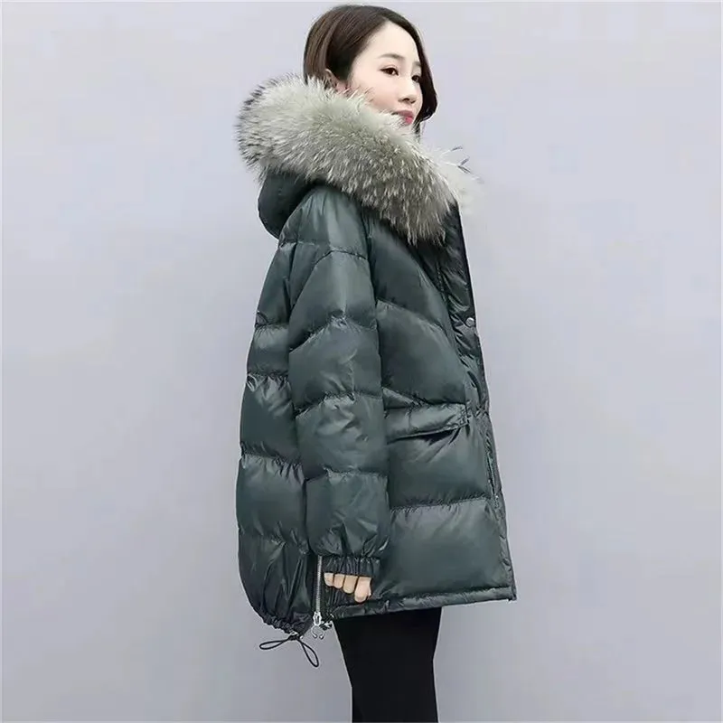 Mid Length Loose Puffy Woolen Collar Hooded Coat