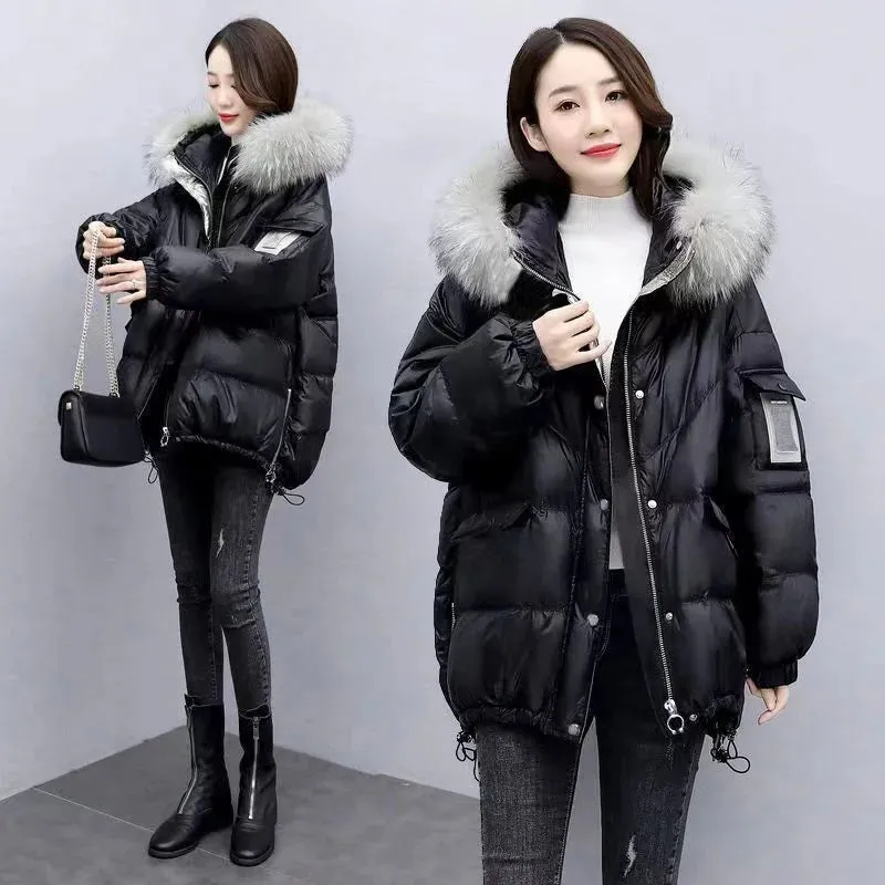 Mid Length Loose Puffy Woolen Collar Hooded Coat
